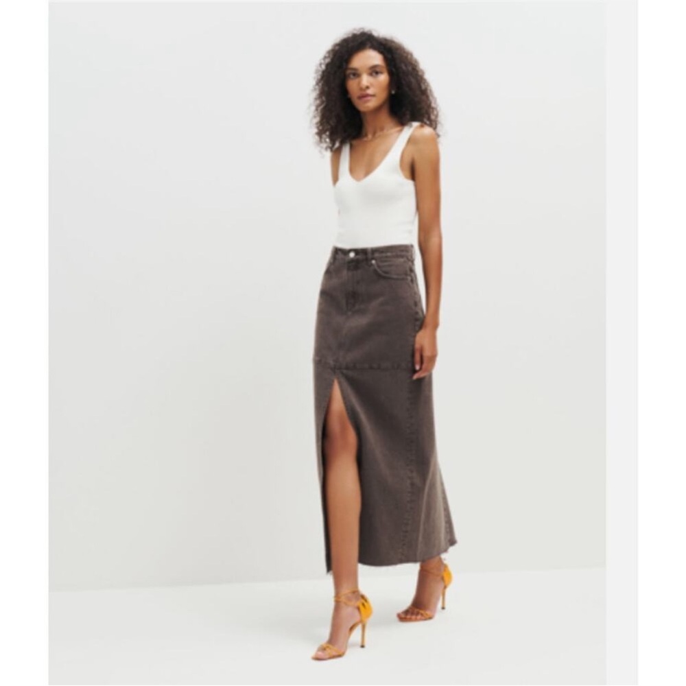 Reformation Brown Maxi Denim Skirt with Front Slit